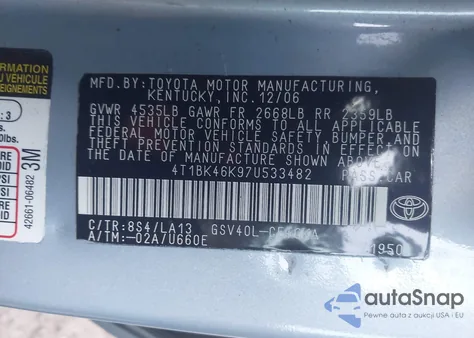 2007 Toyota Camry Xle V6 z USA, uszkodzony, nr VIN 4T1BK46K97U533482